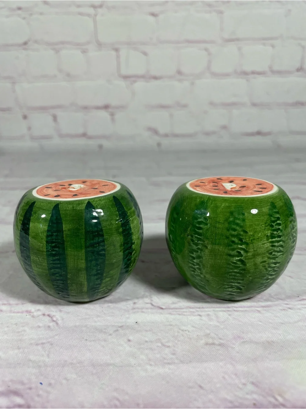 Vintage Hand Painted Ceramic Watermelon Salt and Pepper Shaker Set With Stoppers